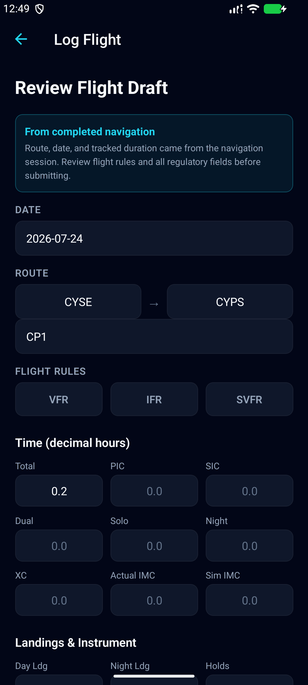 ClearProp Android beta showing a reviewable CYSE to CYPS logbook draft created from completed navigation