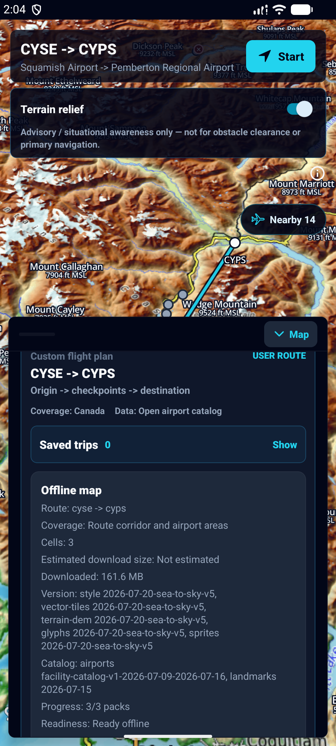 ClearProp Android beta showing a CYSE to CYPS route with all three offline map packs ready